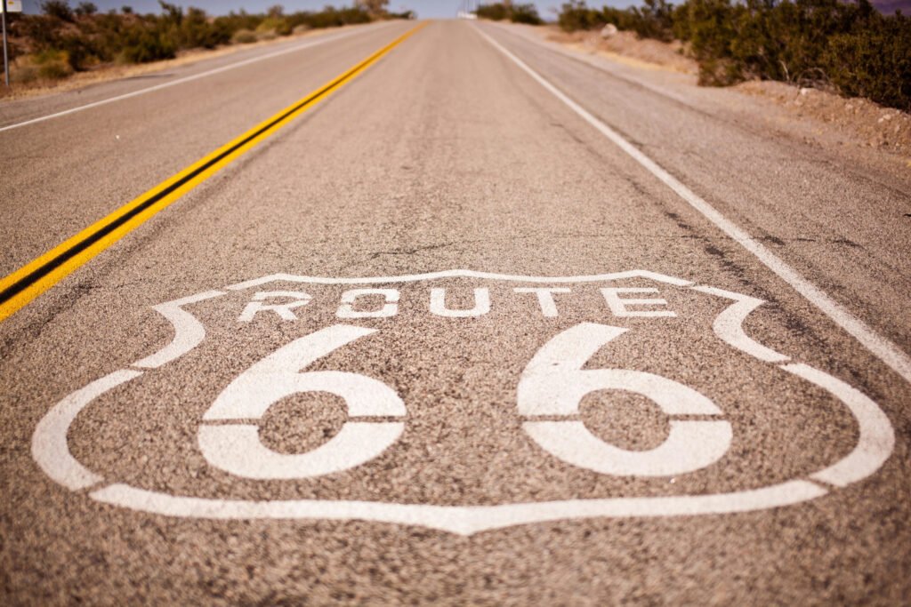 Route 66 painted on a road shows that we provide insurance across state lines
