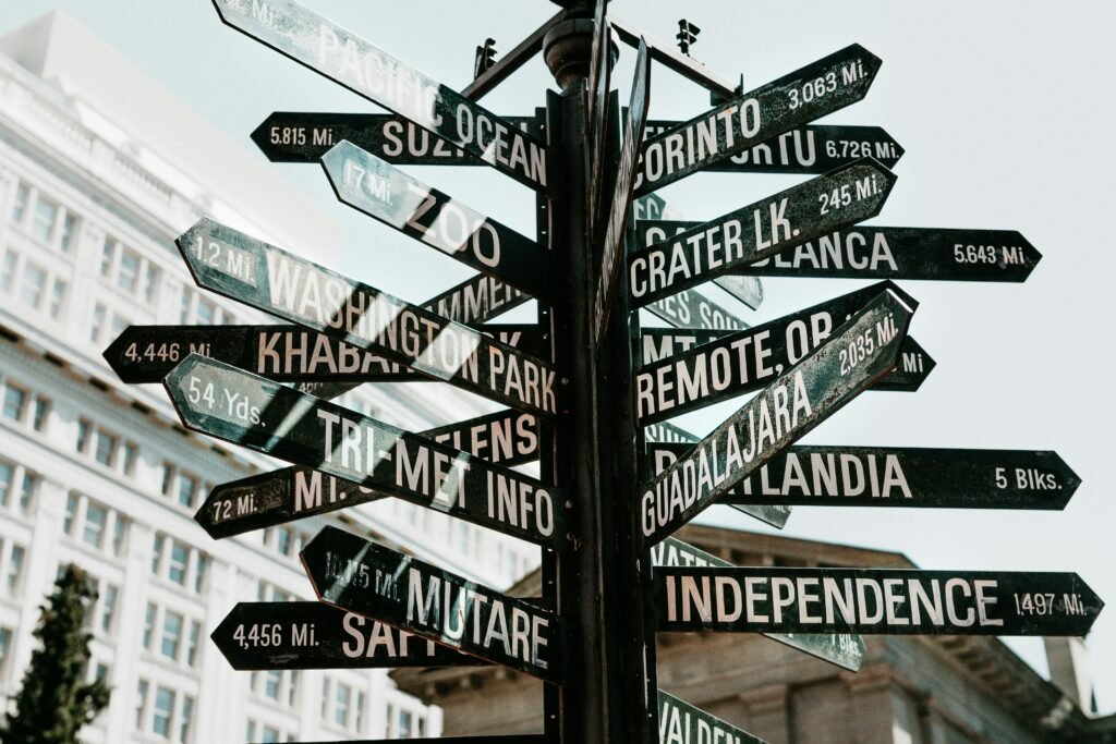 Close-up of a directional signpost with city names and distances in an urban setting.